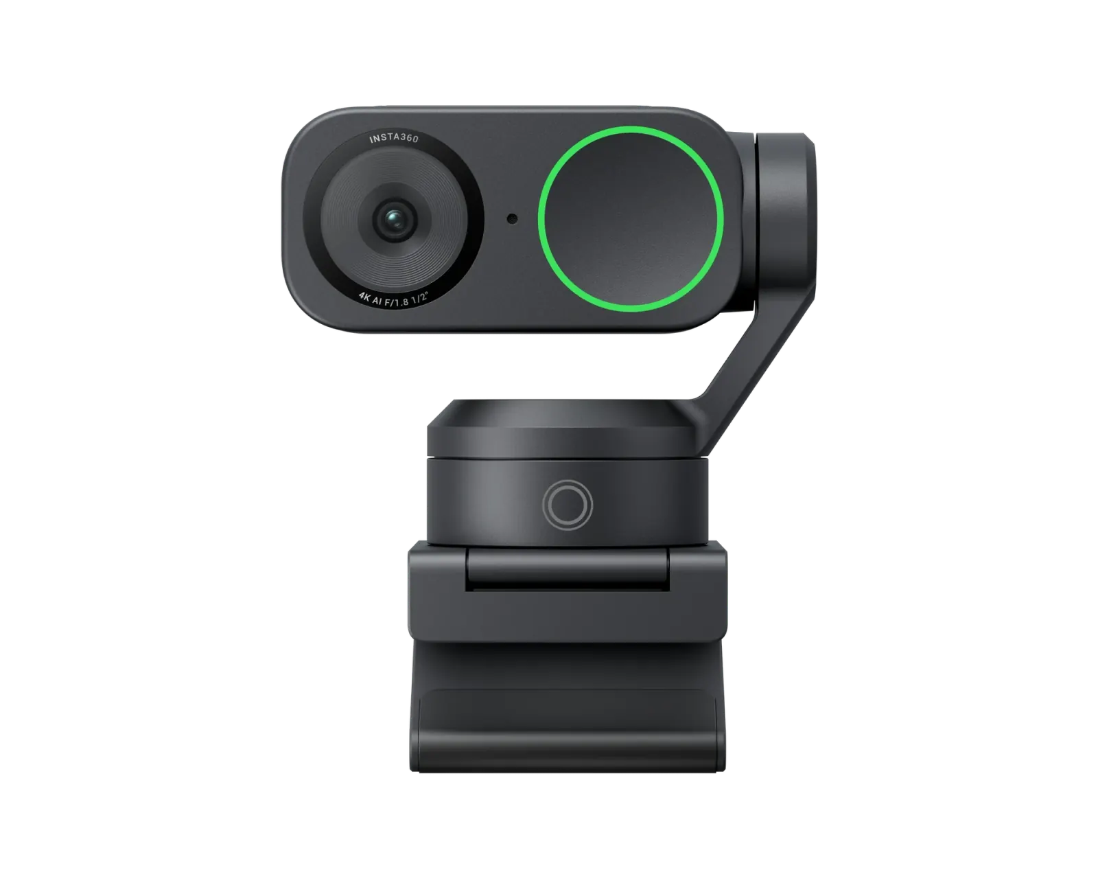 Insta360 Link 2 in Graphite Black from the front, with the lens, green touch-key ring, gimbal arm, and magnetic mount.