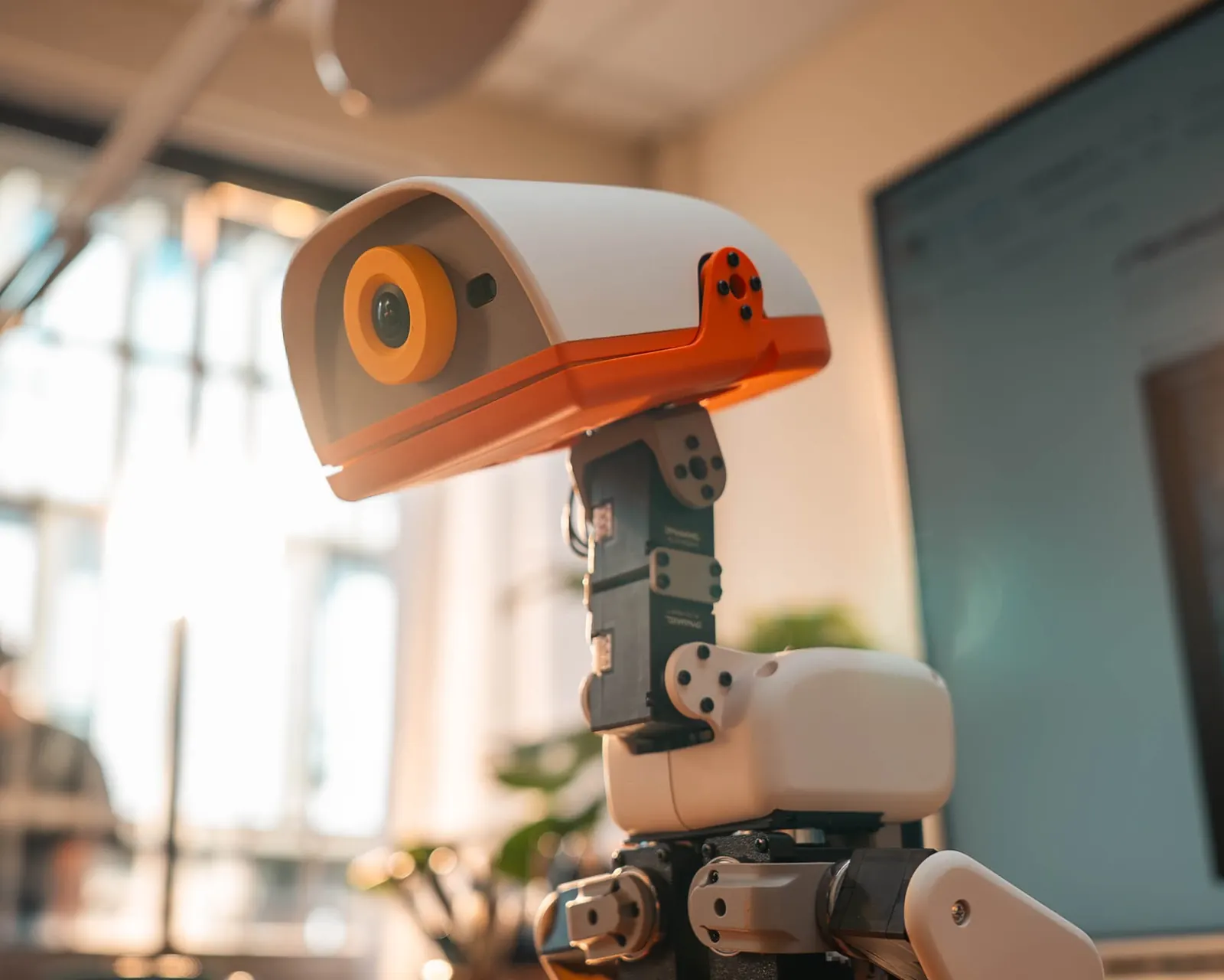 Pollen Robotics press photograph: close view of a cream Microduck on a desk, showing the camera eye, orange beak, and articulated legs.