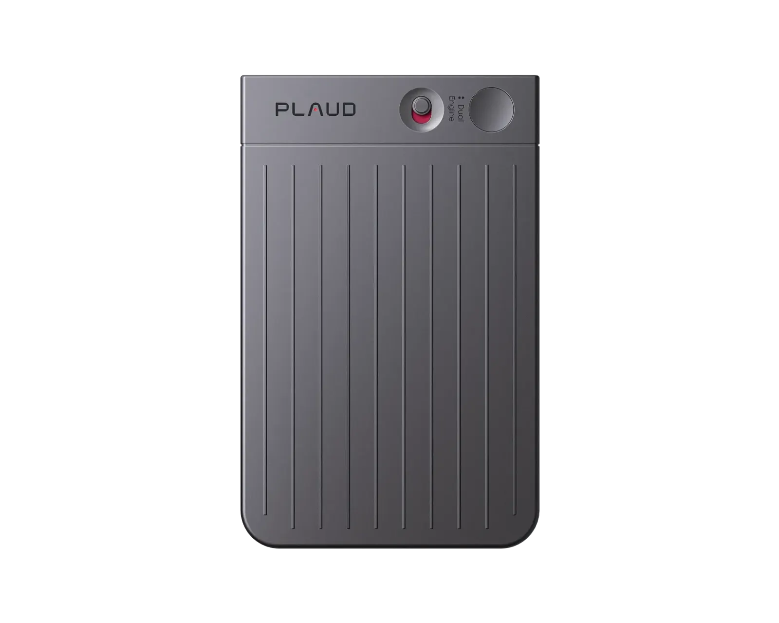 the black Plaud Note from the front, ribbed body with a red record switch and a round button.