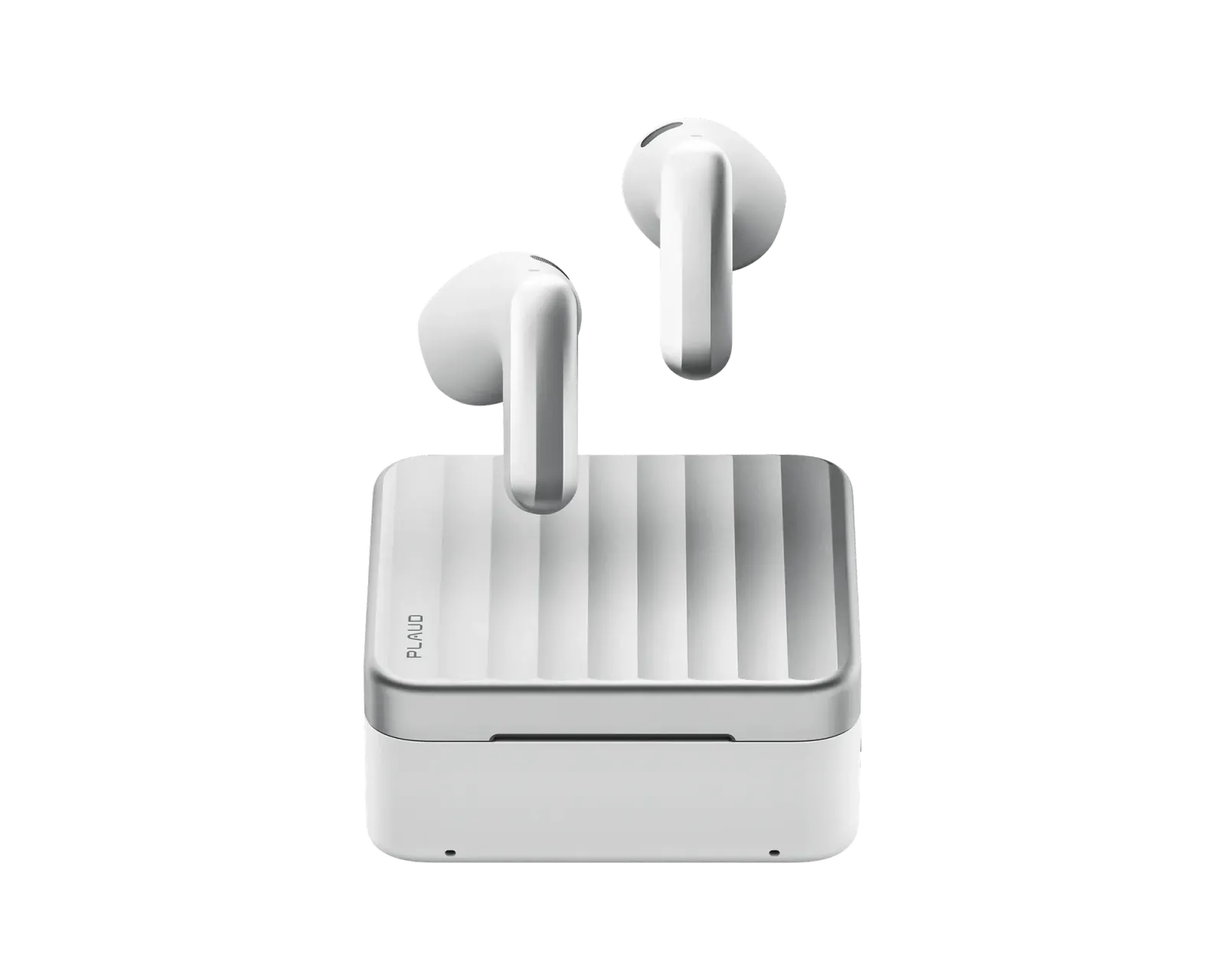 two white Plaud One earbuds standing on the closed ribbed case.