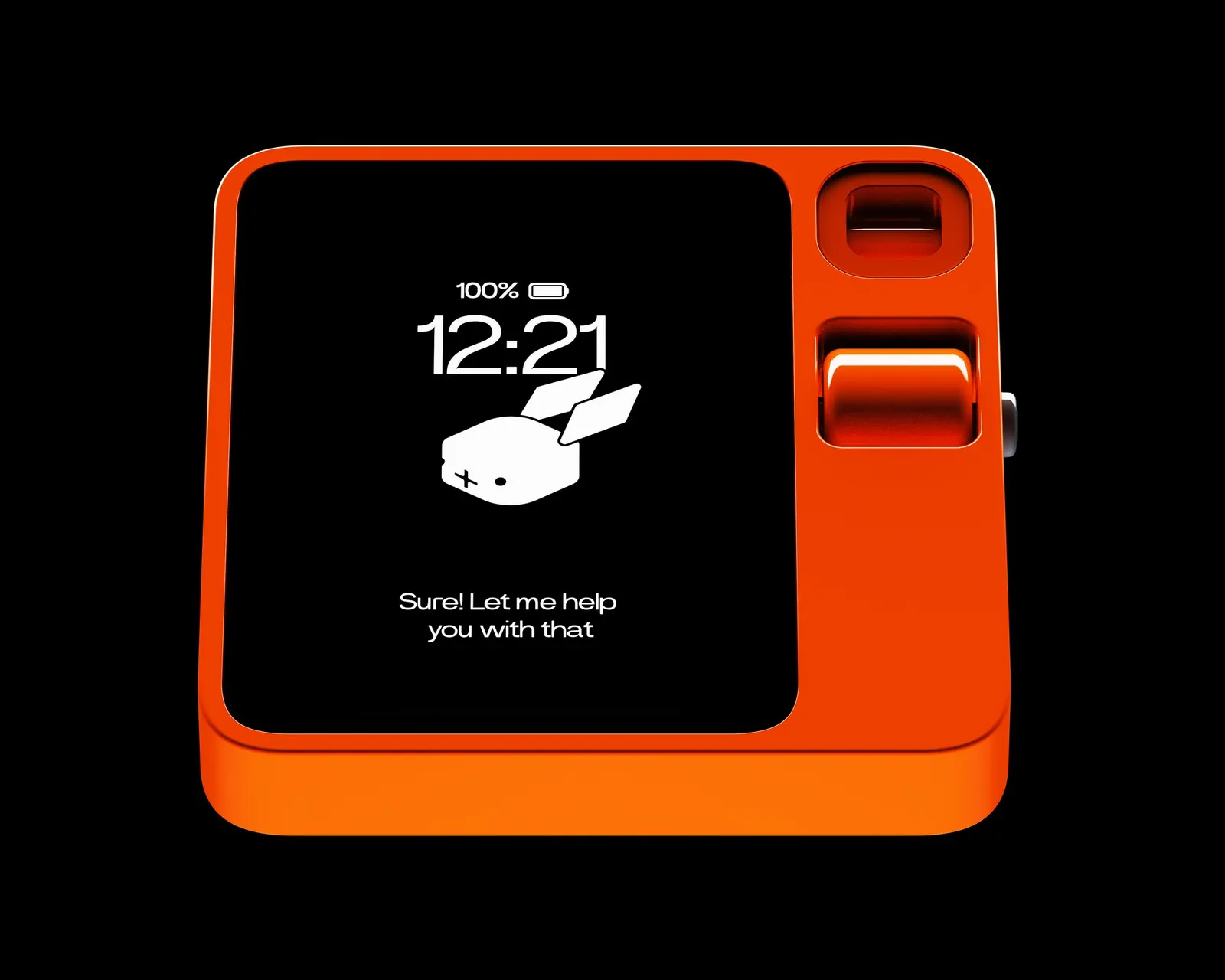 Official rabbit image of the r1 from the front, screen lit with the time and the rabbit mascot, on black.