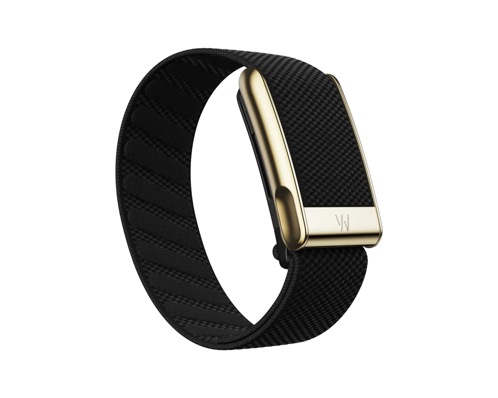 the WHOOP module with a gold clasp on the Obsidian SuperKnit Luxe band, a file WHOOP labels for both 5.0 and MG.